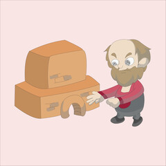 Vector illustration of a old man standing next to a hot stone furnace or oven used for smelting or forging. Isolated on a light background