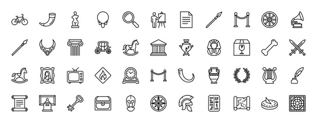 History and archeology line icon set. Vector pictograms of antique artifacts, ancient weapons, and historical objects, thin linear illustration.