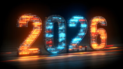 Digital timeline showcasing the year 2026 with vibrant blue and orange light effects