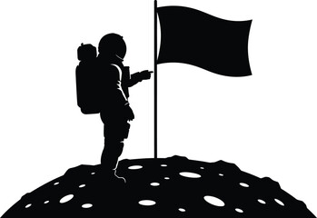 Astronaut Silhouette with Flag on Moon Surface Icon Vector Illustration Black and White © Kafi