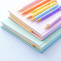 A collection of colorful pens resting on a stack of pastel-colored notebooks. The image is shot in a studio setting with soft lighting.