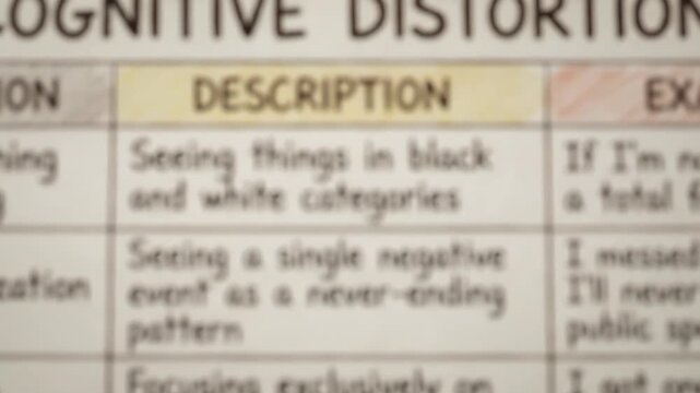 Cognitive distortions chart pinned on a cork board, detailing various negative thinking patterns with descriptions and common examples for psychological self-help and therapy