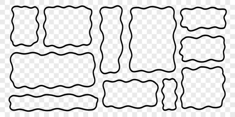 Wavy Textbox Black Line Set in Transparent Png Background. Text Box Shape Frame Kit. Edge Rectangle Edge Border Bundle. Doodle Vector Illustration