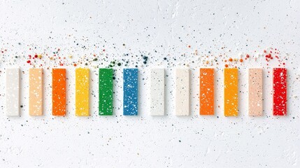 Overhead shot of a collection of colorful rectangular objects arranged on a textured white surface, with scattered speckles.