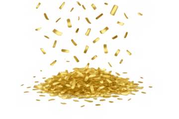 Gold confetti pieces falling into a shiny pile, creating a festive celebration background on transparent