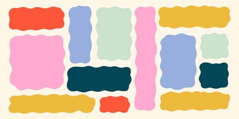 Wavy Textbox Colorful Figure Set. Text Box Shape Frame Kit. Edge Rectangle Edge Border Bundle. Doodle Vector Illustration