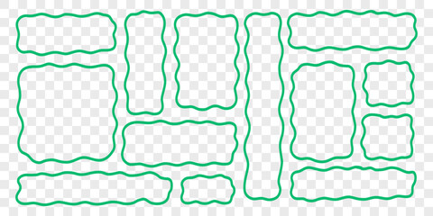 Wavy Textbox Doodle Green Line Set in Transparent Png Background. Text Box Shape Frame Kit. Edge Rectangle Edge Border Bundle. Outline Vector Illustration
