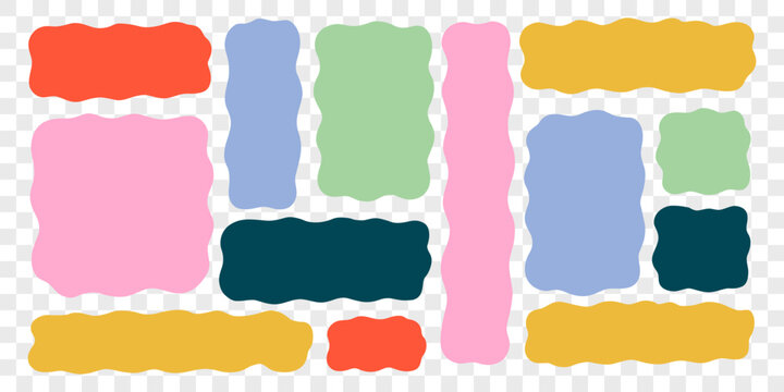 Wavy Textbox Colorful Figure Set in Transparent Png Background. Text Box Shape Frame Kit. Edge Rectangle Edge Border Bundle. Doodle Vector Illustration