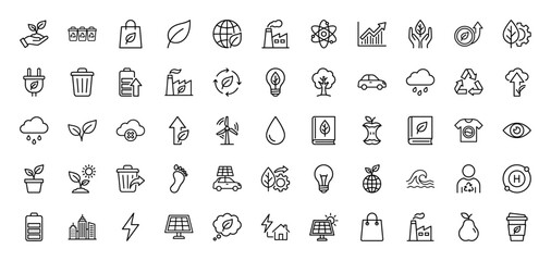 Fototapeta premium Ecology and environment line icon set. Vector pictograms of wind turbine, recycling, solar energy, and green growth, thin linear illustration.