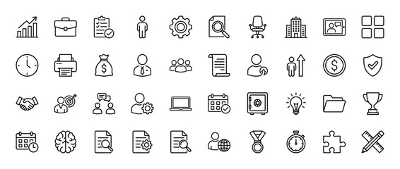 Fototapeta premium Business and management line icon set. Vector pictograms of briefcase, handshake, money, chart, calendar, clock, laptop, team, building, thin linear illustration.