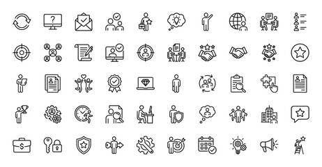 Human resources and business management line icon set. Vector pictograms of teamwork, target, resume, hiring, and partnership, thin linear illustration.