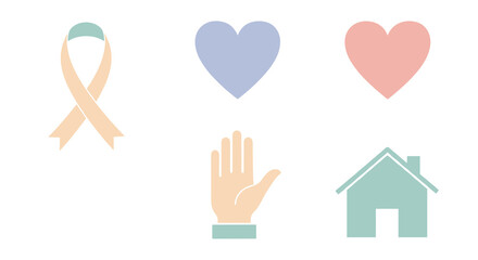 Obraz premium A collection of pastel-colored flat design vector icons representing concepts of community, health, support, home, and awareness, perfect for social and charitable projects.