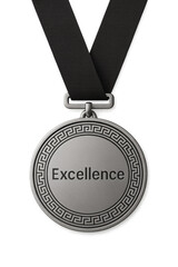Silver excellence medal hanging on black ribbon with transparent background
