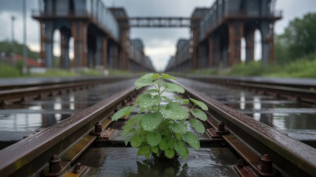 Green plant growing on abandoned railroad tracks with industrial structures in background
