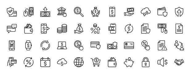 Finance line icon set. vector pictograms of dollar, wallet, card, security, bank, and mobile payment, thin linear illustration.