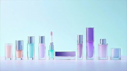 A collection of various cosmetic products, including nail polish, lip gloss, and perfume bottles, arranged in a row against a soft blue and white gradient backd