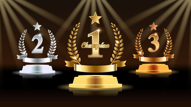 Gold, Silver, and Bronze Award Podiums with Laurel Wreaths and Spotlight Lighting – Champion Winner Ceremony Stage with 1st, 2nd, and 3rd Place – Luxury Trophy Presentation Vector Illustration