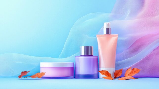 Three cosmetic products are displayed on a light blue surface, with fallen leaves and a flowing fabric backdrop in shades of blue and purple. The lighting is so