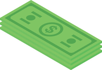 Isometric stack of green banknotes with dollar sign, symbolizing savings, investment, and financial success