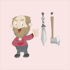 Vector illustration of a old man standing next to a display of weapons, including a sword and an axe, presenting his wares. Isolated on a light background