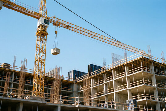 Yellow crane lifting concrete block at a construction site against a clear blue sky day - Powered by Adobe
