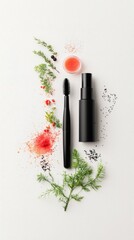 Overhead shot of cosmetic products and herbs arranged on a white surface, creating a natural and minimalist composition.