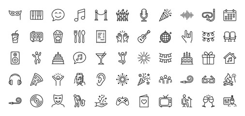 Party and celebration line icon set. Vector pictograms of confetti, cake, music notes, mask, and champagne glasses, thin linear illustration.