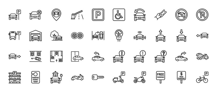 Transportation and parking line icon set. Vector pictograms of car parking signs, automatic barrier, ticket, disabled spot, and loading, thin linear illustration.