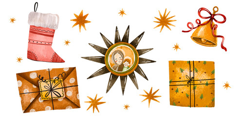 Christmas vintage set with gift present box, sock, Ukrainian Star for carols, bell. Hand drawn watercolor set on isolated background