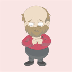 Vector illustration of an old man looking shy or guilty, touching his index fingers together in a nervous gesture. Isolated on a light background