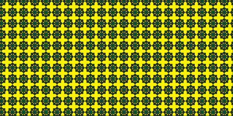 A geometric pattern of bright yellow cross shapes and dark star-like motifs arranged in a uniform grid, creating a modern and visually striking repeating design.