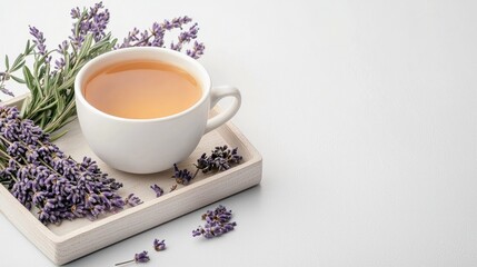 A white cup of tea sits on a wooden tray, surrounded by sprigs of lavender. The image evokes a sense of relaxation and tranquility.