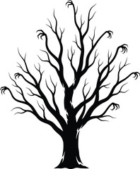 Fototapeta premium Spooky Halloween tree silhouette with claw hands and creepy bare branches vector illustration