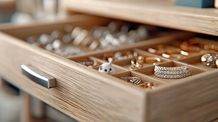 A small white kitten peeks out from a wooden jewelry drawer filled with various rings, bracelets, and necklaces. The scene is lit with soft, warm lighting.