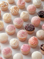 Overhead shot of a variety of cupcakes with different frosting and sprinkles on a white surface. The cupcakes are arranged in a pattern.