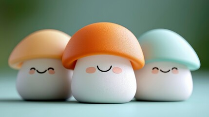 Three adorable cartoon mushroom characters with smiling faces, set against a soft green and blue background.