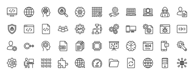 Software development line icon set. vector pictograms of code, settings, security, error, and database, thin linear illustration.