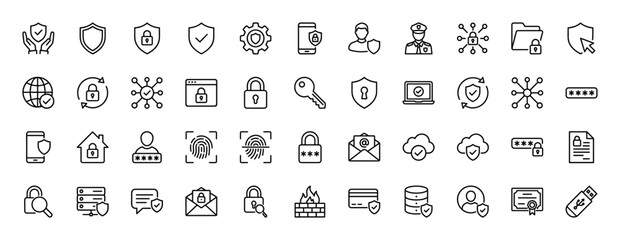 Cybersecurity line icon set. Vector pictograms of shield, lock, password, data, network, fingerprint, and secure devices, thin linear illustration.