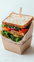 Close-up shot of a delicious sandwich with fresh ingredients in a brown paper box, presented on a white textured surface.