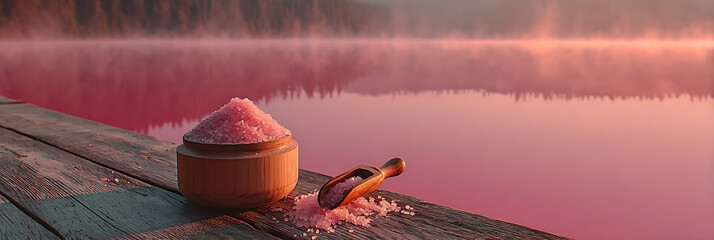 Wooden bowl and scoop filled with pink bath salt placed on a wooden pier overlooking a calm pink lake at sunrise or sunset.