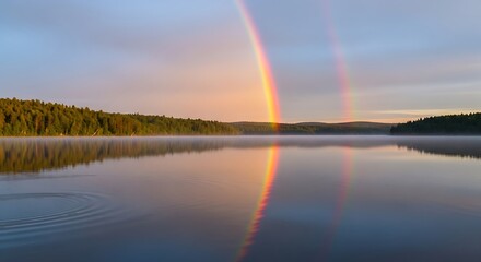 Vibrant rainbow reflecting on a calm lake at sunrise with misty horizon