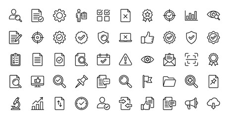 Fototapeta premium Quality assurance and business management line icon set. Vector pictograms of settings, document, search, target, and checklist, thin linear illustration.