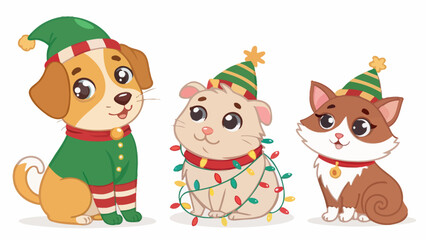 Naklejka premium Charming Christmas pets vector wearing hats and festive outfits for holiday cheer and heartwarming celebrations
