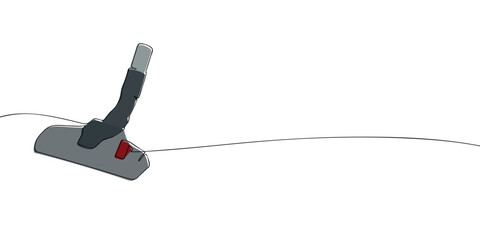 Minimal line art illustration of a vacuum cleaner head with a hose attachment, used for cleaning floors and carpets.