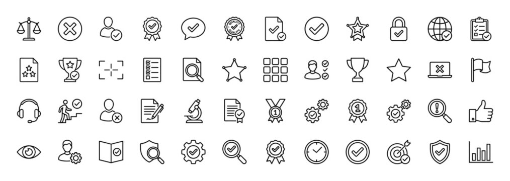 Quality assurance and corporate business line icon set. Vector pictograms of checkmark, award, magnifying glass, scale, and settings, thin linear illustration.