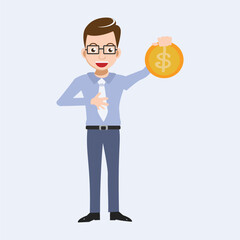 Flat vector illustration of a young businessman or office worker wearing glasses, holding up a large golden coin with a dollar sign