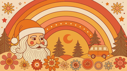 Groovy Santa Claus with retro rainbow and van for vintage Christmas holiday cheer and festive season design
