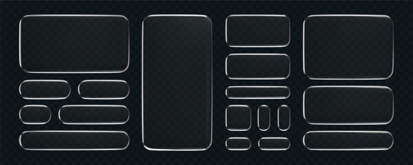 3D liquid glass buttons with a transparent neon silver glow effect, isolated on a dark background. Render of liquid glass frame, UI UX elements for phone app or game interfaces. 3D tech digital vector