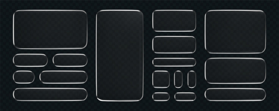 3D liquid glass buttons with a transparent neon silver glow effect, isolated on a dark background. Render of liquid glass frame, UI UX elements for phone app or game interfaces. 3D tech digital vector