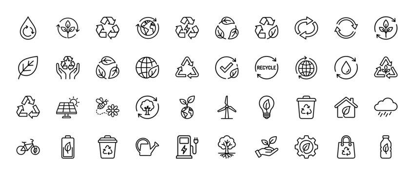 Ecology and environment line icon set. Vector pictograms of recycling, renewable energy, and eco-friendly practices, thin linear illustration.